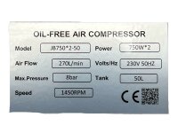 Kraftwelle Fl&uuml;ster-Kompressor &Ouml;lfrei 1500 Watt 8 bar Silent 50L